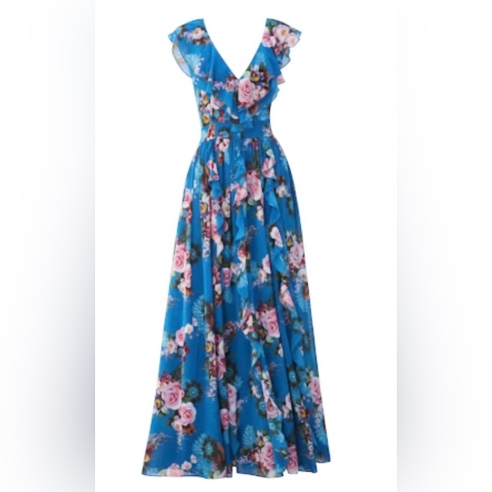 Boston Proper Blue Floral Ruffle Maxi Dress 8 Easter Spring Preppy Cottagecore